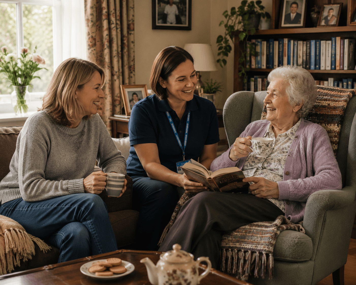 Family carer taking a break while a support worker stays with their loved one